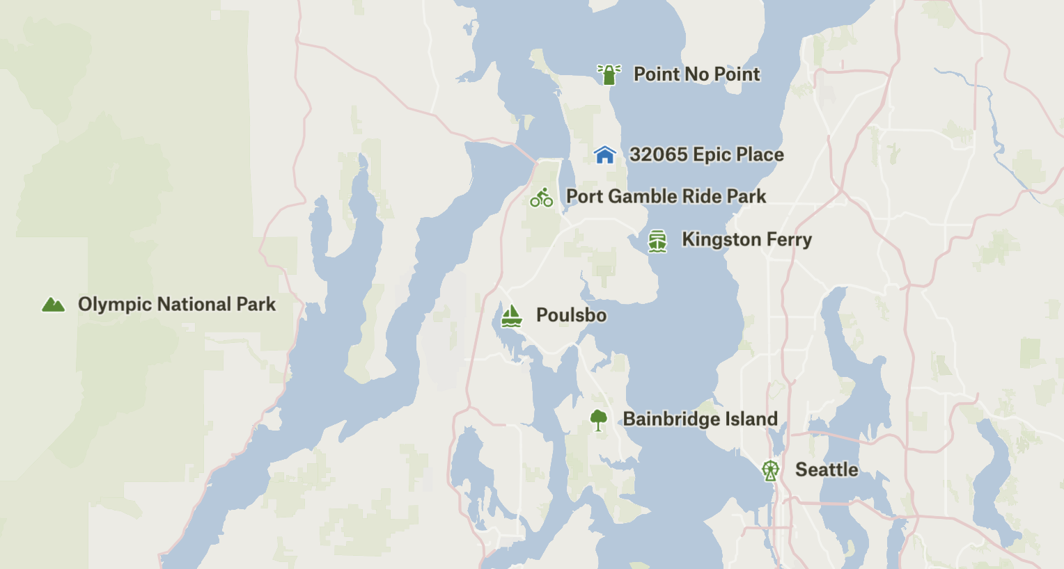 Map showing 32065 Epic Place near Kingston Ferry, Point No Point, Poulsbo, Bainbridge Island, Seattle, and Olympic National Park